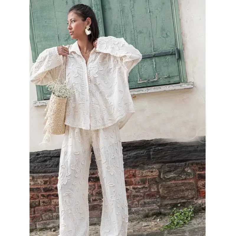 Women's Two Piece Pants JINIA Trendy Flower Jacquard Two-Piece Sets Women Elegant Long Slves Shirt Wide Leg Pants Suits 2024 Office Ladies Strtwe