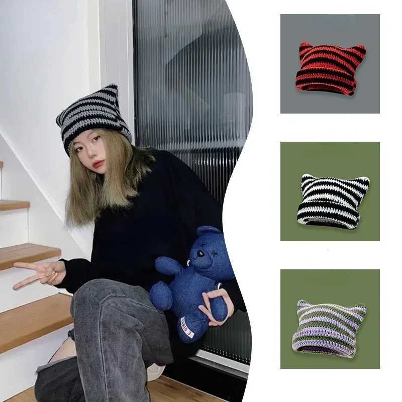 New Japanese Streetwear Harajuku Beanie Little Devil Striped Knitted Hat Women Girls Autumn Winter Cute Cat Ears CapXJ241213