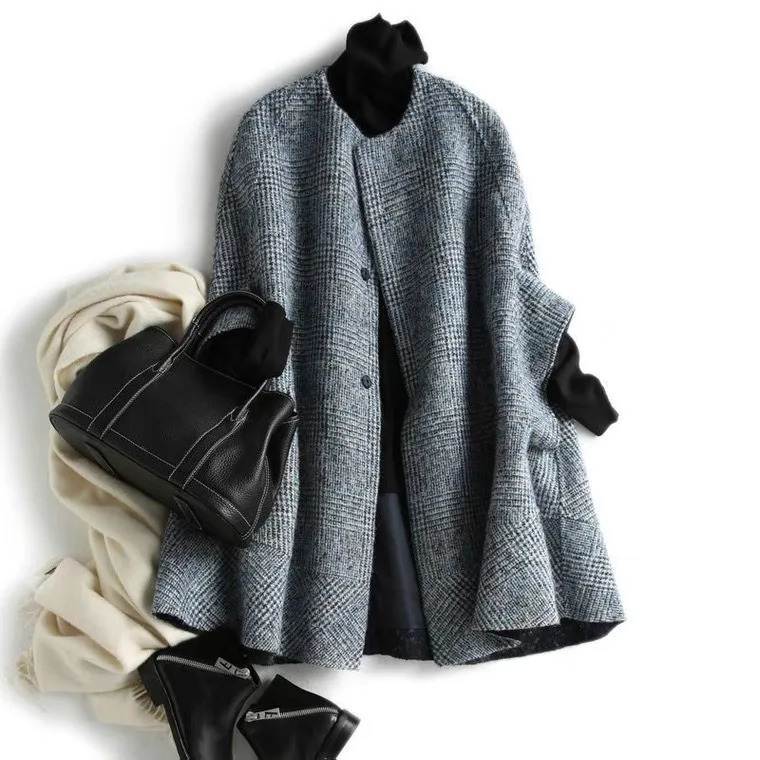 Blends Coat Autumn Women Fall Winter Wool Jacket Vintage Long Outwear Three Quarter Sleeve Elegant Mujer Thick Windbreaker 241213