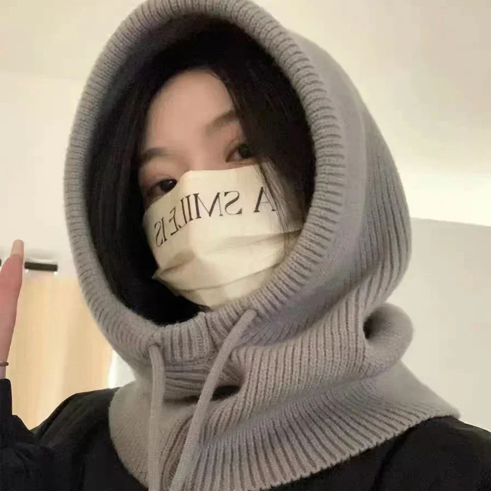 Winter Balaclava hat collar thick knitted wool lapel hat Korean womens cotton ear protection lapel hat accessories 241205