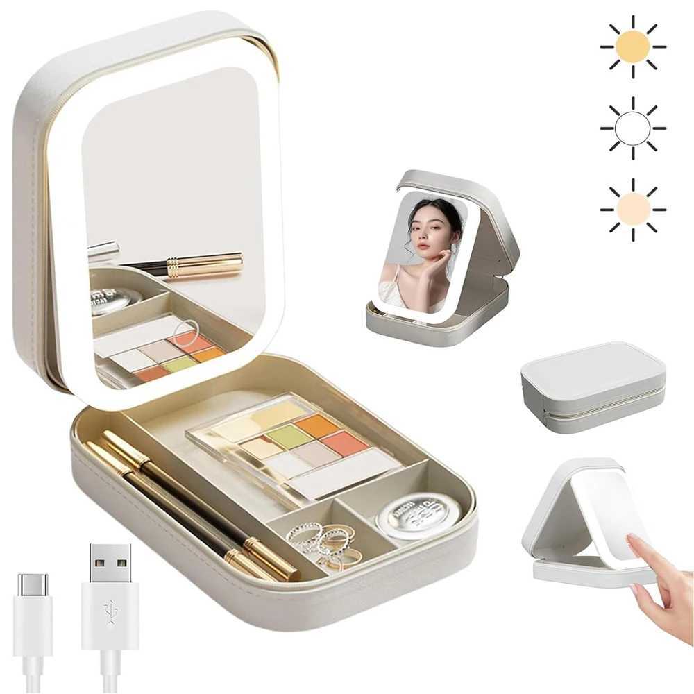 Portabl LED Three-Color Adjustable Makeup Mirror Cosmetic Bag Smart Lighted Mirror Travel Makeup Organizer Gift for Girl WomenXJ241213