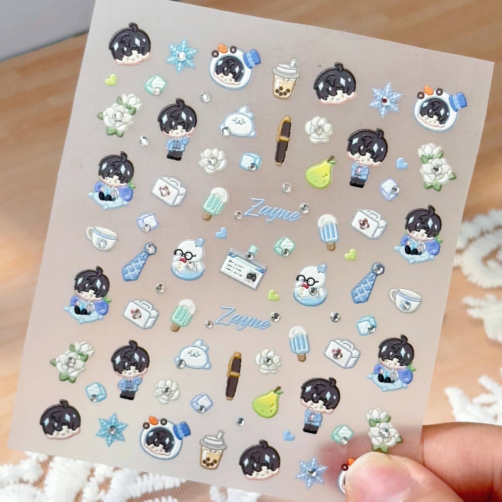 Love and Depth Qi Yu Shen Xinghui Li Sheng Rhine Stone Pearl Nail Stickers Otome Game Thousand Blue Ice Cream Cute Nail Stickers Merch 241205