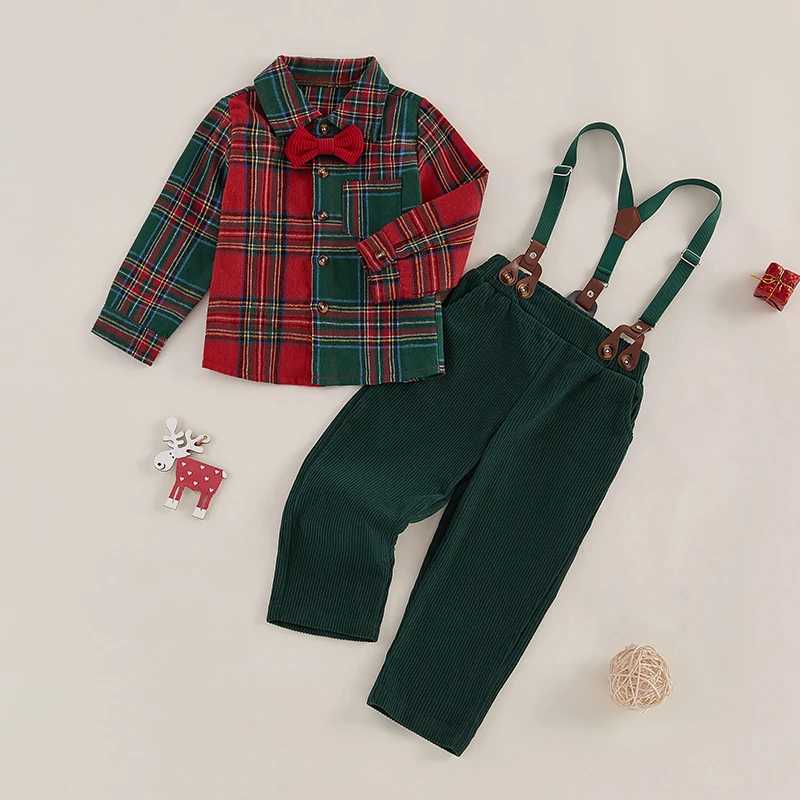 FOCUSNORM 1-7Y Preschool Boys Gentlemens Clothing Set Christmas Checkered Printed Button Long Sleeve Shirt and Hangers W241213