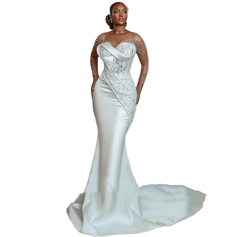Crystals Pearls Beaded Mermaid African Wedding Dress Long Sleeves Aso Ebi Engagement Gowns Lace Appliques Corset Elegant Bridal Dress 2025
