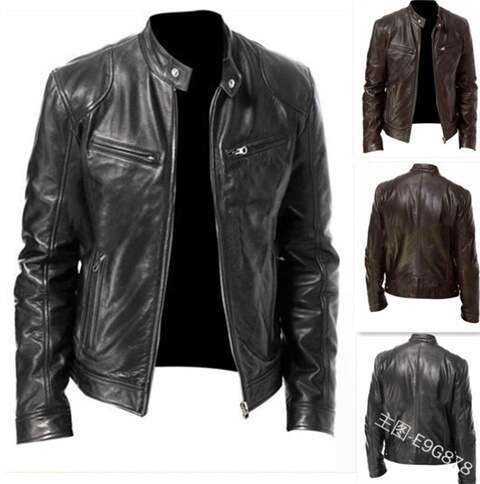 Men's New Style Stand Collar Slim Zipper Leather Jacket Fashionable Quality Classic