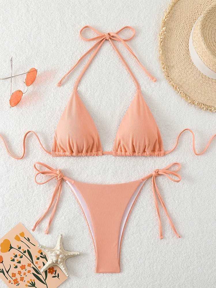 Pit Stripe Fabric Women Halter Bikini 11 Colors Hanging Neck Swimsuit Lace Up Sexy ss Brazilian Beach Bathing Suit 2025XJ241212