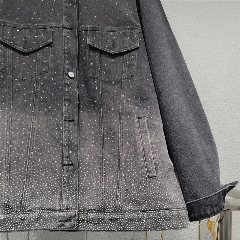 DEAT 2024 trend gradient heavy industrial diamond jacket womens long sleeved loose denim jacket womens 11A0615 241209