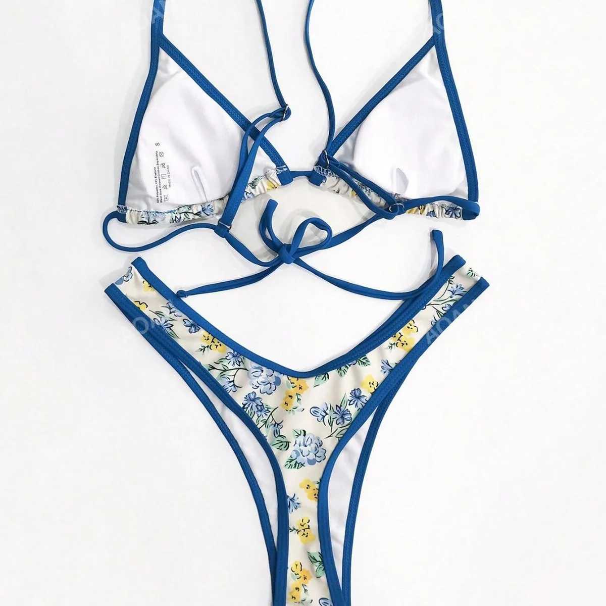 Roupas Finina Spliced Floral Swimwear 2024 Woman New Triang Cup Bikinis Sets Beach Sty Swimwear Lace Up Chic Bikini BK1399XJ241212