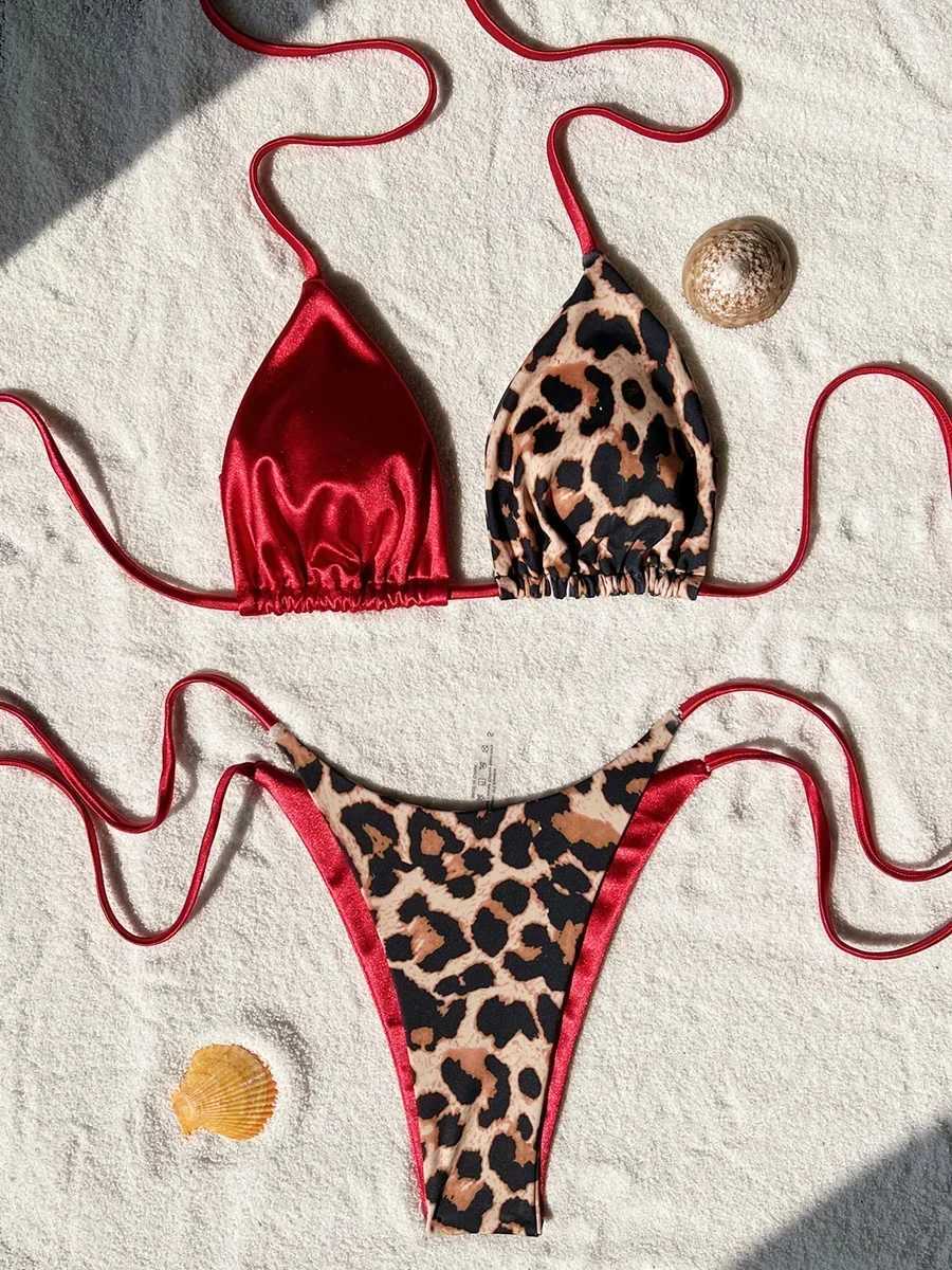 Halter Splicing opard Bikinis 2024 Satin Bikini Fa Swimsuit Women Swimwear Two-pieces Bikini Set Micro Bathing Suit SwimXJ241212