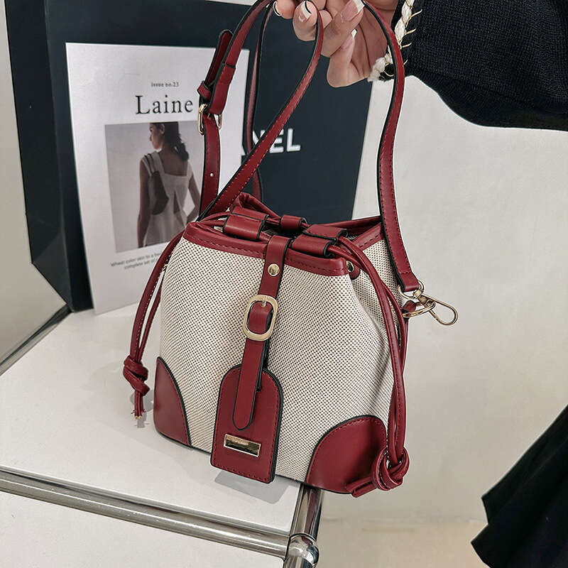 Wholesale Hand-Held Water Bucket Bags, Women's New Style Canvas Contrasting Color Drawstring, High-End Single Shoulder Crossbody Bag, Fashionable