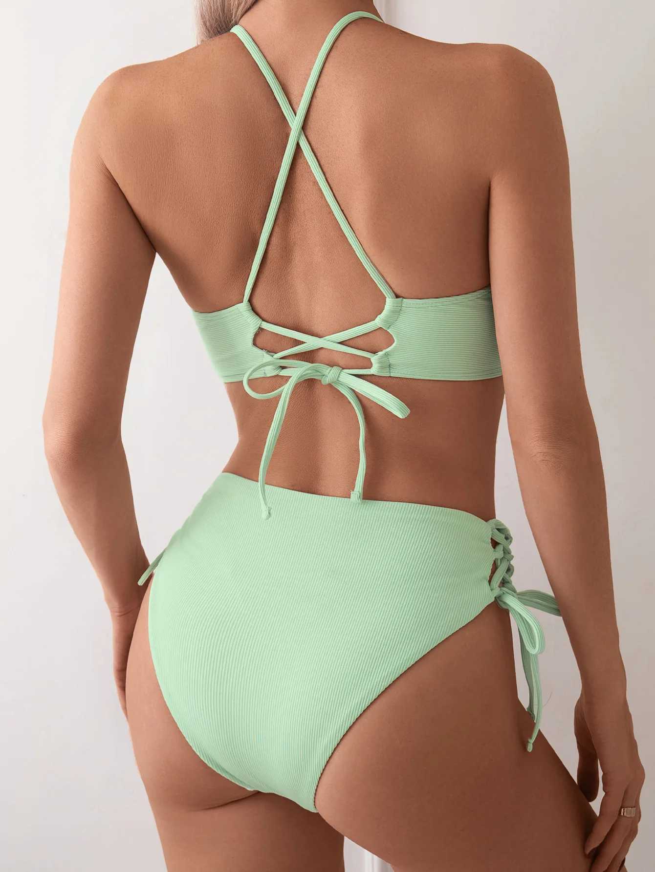 Cikini-V-Neck Split Bikini Set for Women Sexy Swimsuit Lace Up Triangular Bikinis Solid Color Beach Swimwear Bathing SuitXJ241212