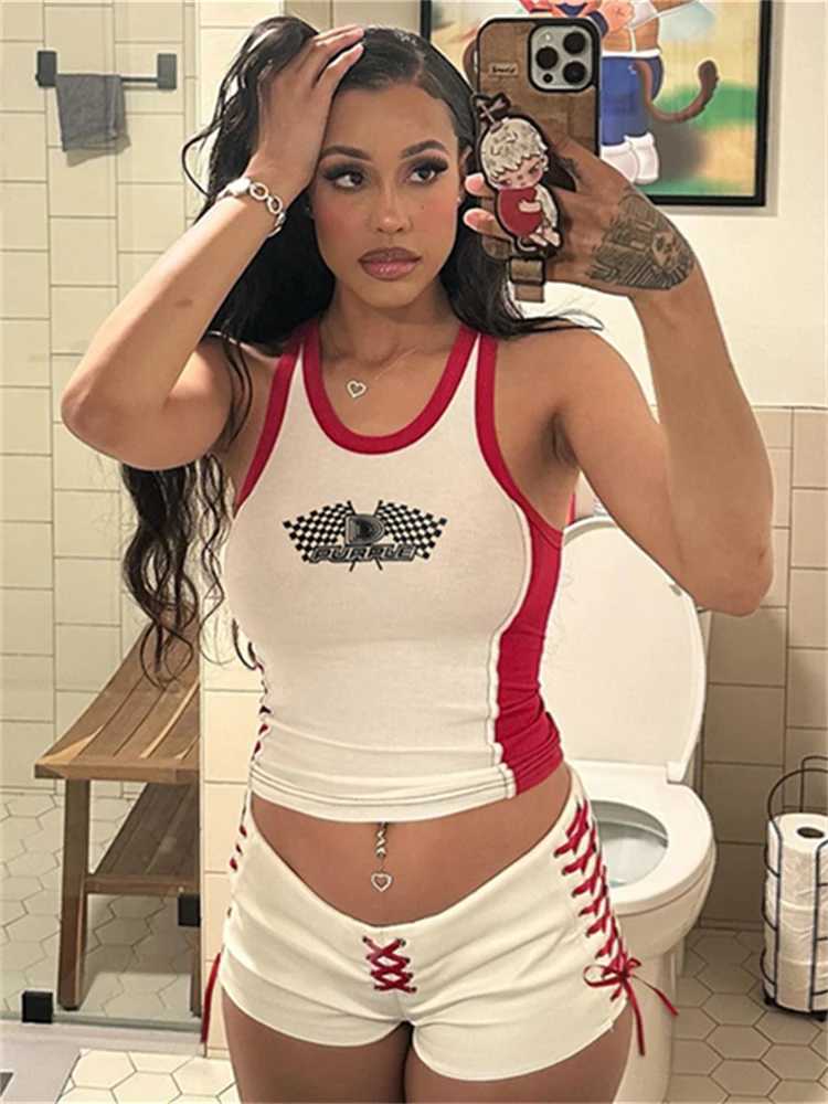 Women's Two Piece Pants WLWXR Summer Casual Sporty 2 Piece Set Women Outfits 2024 Letter Graphic Contrast Tank Top And Cross Straps Shorts Matchi