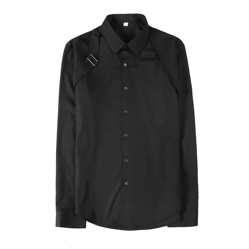 Strap Decorative Shirt Mens Clothing 2024 Korean Long Sleeved Slim Fit Casual Shirts Nightclub Prom Show Dress Shirt 241213bj