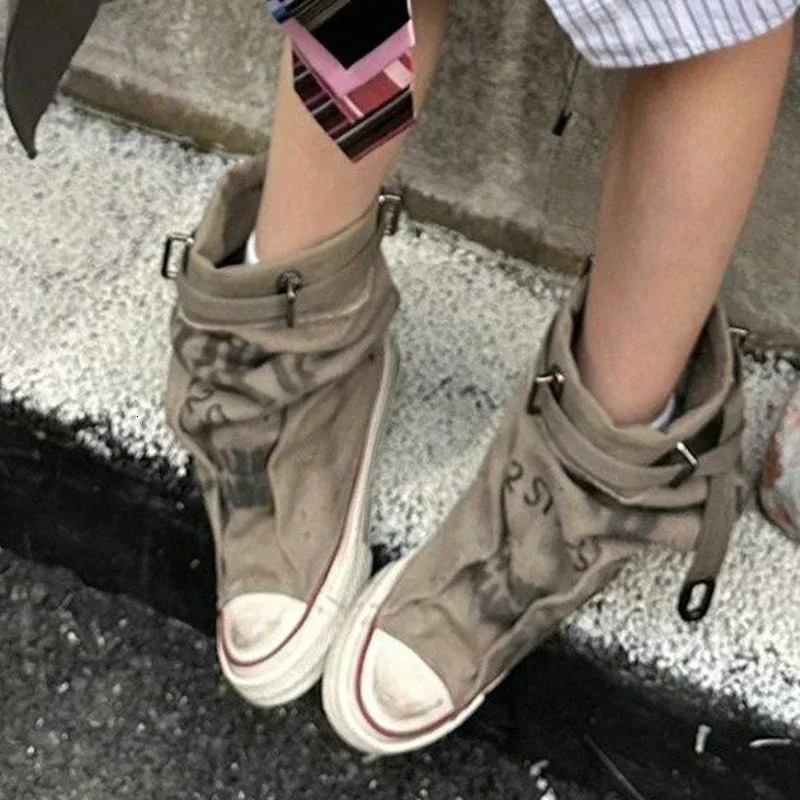 Women Canvas Sneakers Flats er Mid Calf Snow Boots Fashion Shoes Woman 2024 Trend Winter Punk Chelsea Boots Lady Shoes 241213