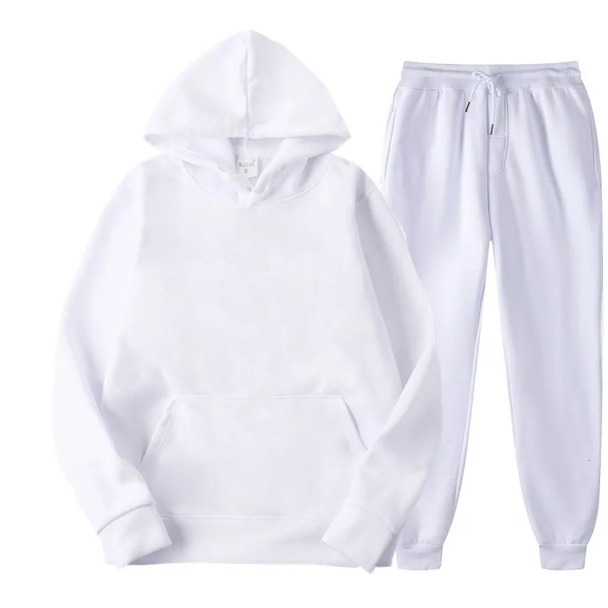 Mens autumn and winter solid color hooded sweatshirtpants twopiece fashionable casual sports set size S4XL 241211
