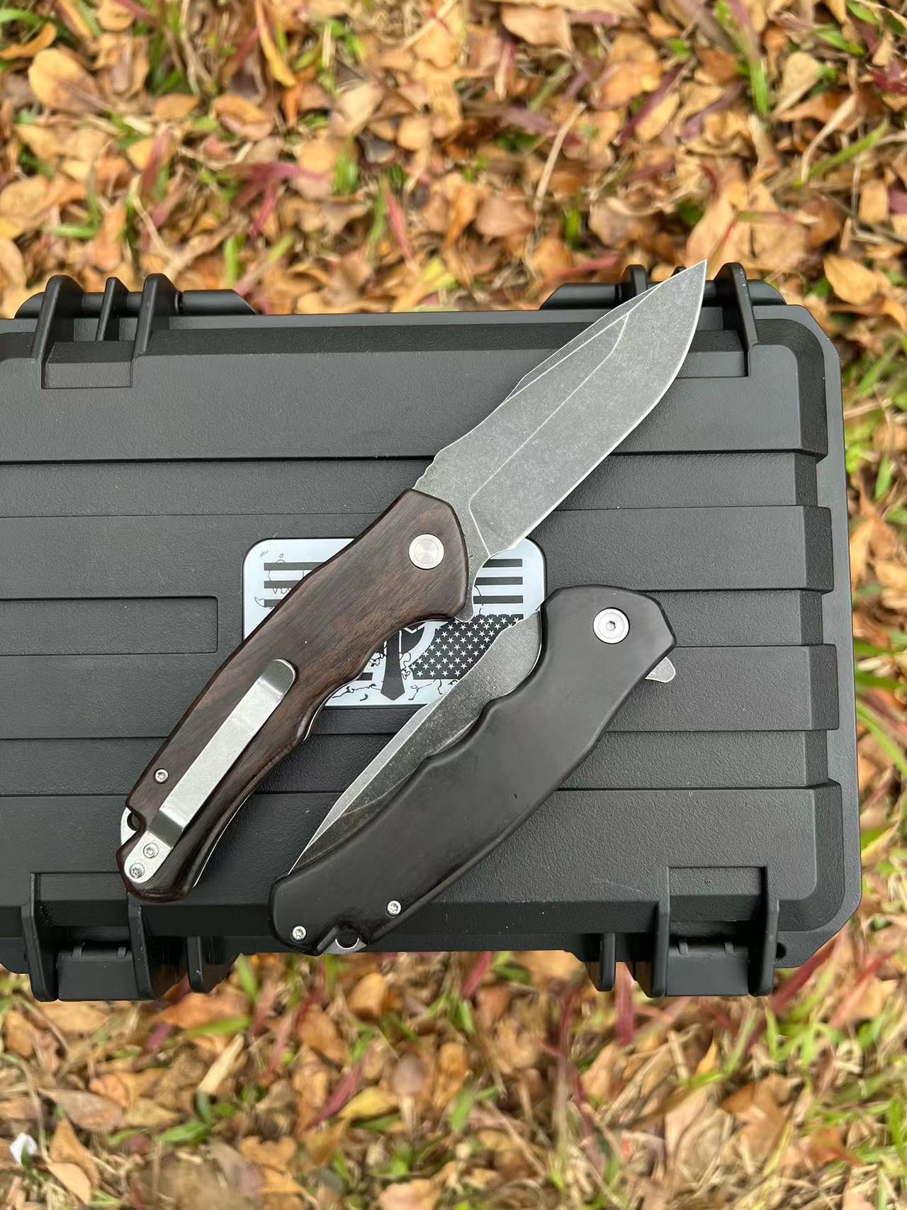 Top Quality Flipper Folding Knife 5Cr13Mov Black Stone Wash Drop Point Blade Wood with Steel Sheet Handle Outdoor EDC Pocket Knives