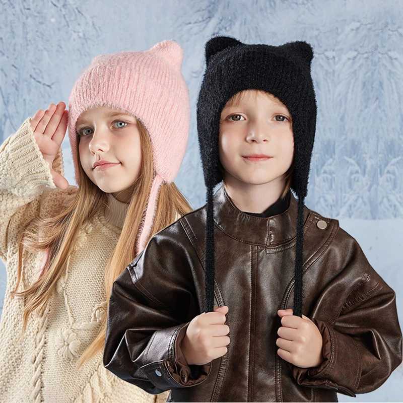 New Children Hats Cute Cat Ear Knitted Wool Hat Winter Boys Girls Babies Ear Protection Hoods Fashion Outdoor Warm Colorful CapsXJ241213