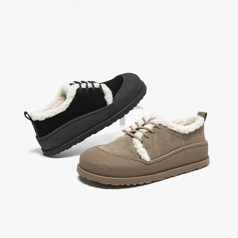 Beautoday Winter Apartment Womens Cow Fleece Patch Work Round Toe Warm Short Plush Cross Tie Decoration Womens Flat Shoes Handmade 22810 241213