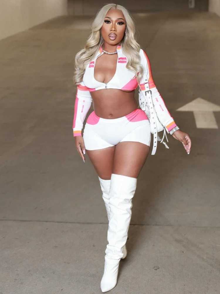 Women's Two Piece Pants WLWXR Autumn Strt Style White 2 Piece Set Night Party Outfits For Women 2024 Casual Letter Print Zip Crop Jacket Shorts S