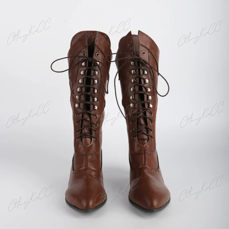 British punk womens shoes retro knight boots medieval PU leather ankle boots fashionable womens role-playing high heels Botas 241213