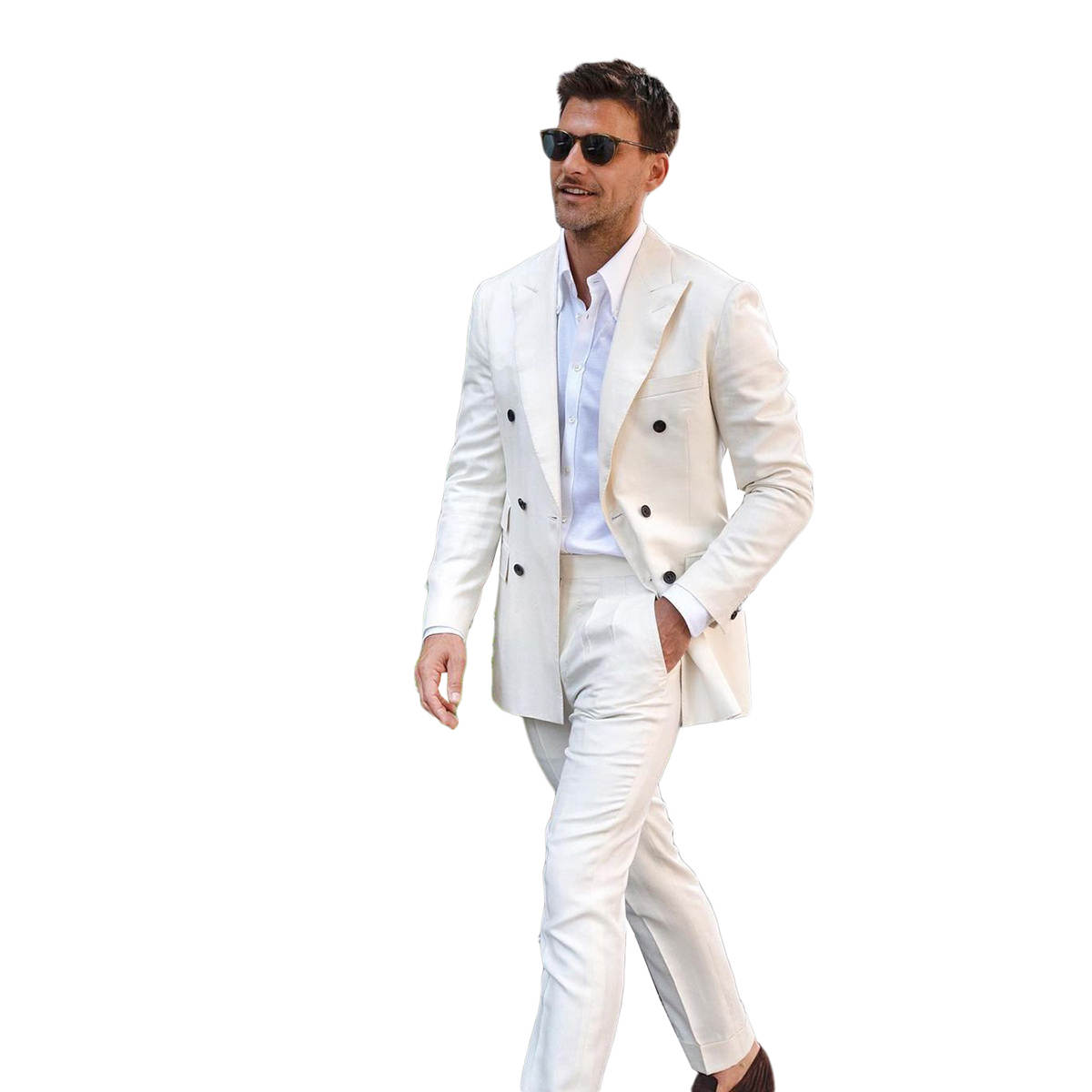 Handsome New Fashion Wedding Tuxedos Men Suits 2-Pieces Peaked Lapel Jacket One Button Double Breasted Custom Made Pinstripe Pockets Bridegroom (Coat+