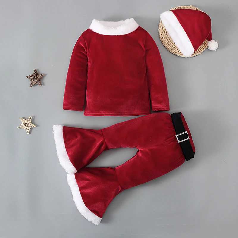 Boys and girls European and American spring autumn winter and Christmas long-sleeved tops + bell-bottom pants + three-piece hat W241213