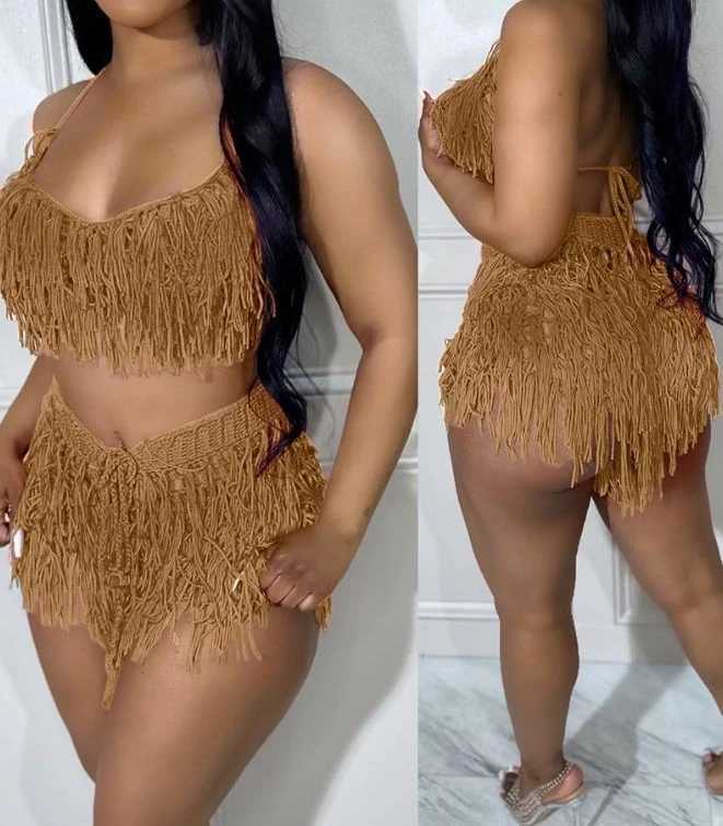 Women's Two Piece Pants Womens Two Piece Sets Outfit 2024 Summer New Sexy Spaghetti Strap Crop Crochet Top Fashion Tassel Design Shorts Set Casua