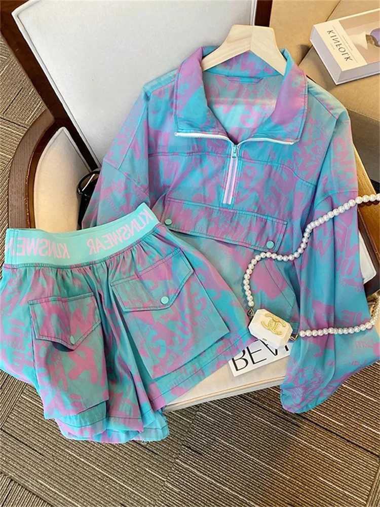 Women's Two Piece Pants Womens Printed Suit Korean Casual Thin Sunscrn Clothes Pocket Drawstring Long Slve Top Shorts 2-Piece Set Female Sportswe