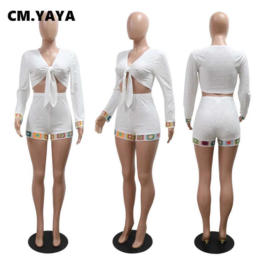 Women's Two Piece Pants CM.YAYA Knitted Hollow Out Womens Set Full Slve V-neck Tops and Shorts Suits 2024 Autumn Casual Party Two 2 Piece Set Out