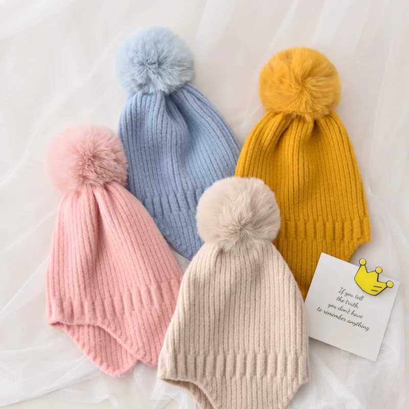 Winter Baby Beanie Hat With Earflap Fur Ball Winter Woolen Knitted Hats For Kids Outdoor Warm Girls Boys Ear Protection CapXJ241213