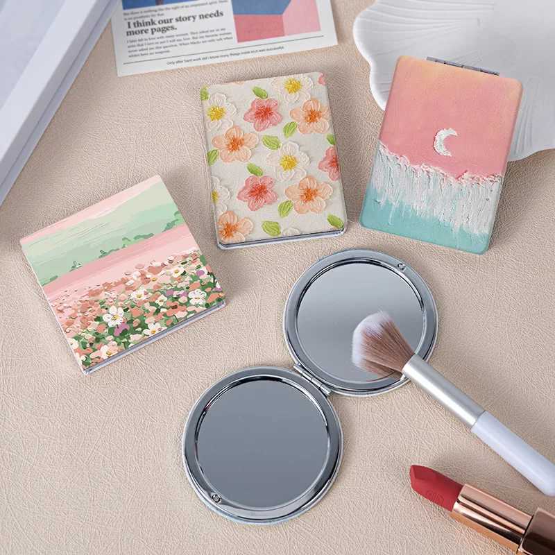 Portable Cosmetic Mirror Small Oil Painting Style Portable Foldable Double-sided Mirror Hand-held Compact Mirror TravelXJ241213