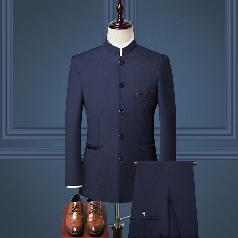Mens Set (Jacket+Pants) 2024 New Boutique Fashion Stand Collar Chinese Style Slim Fit Suits Two Piece Wedding Men Clothing