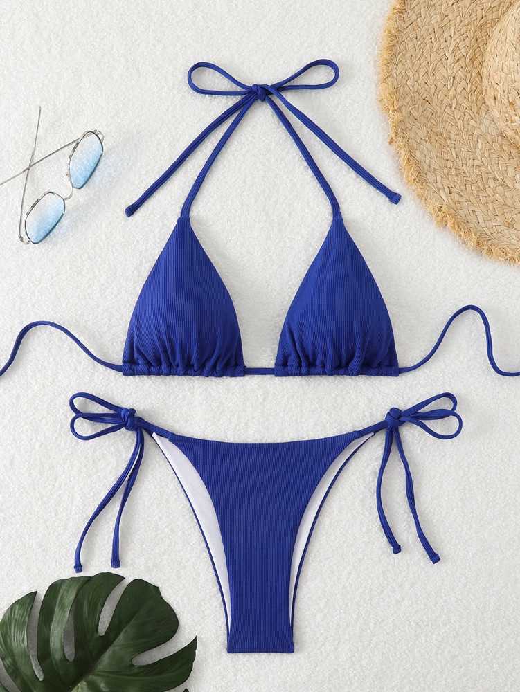 Pit Stripe Fabric Women Halter Bikini 11 Colors Hanging Neck Swimsuit Lace Up Sexy ss Brazilian Beach Bathing Suit 2025XJ241212