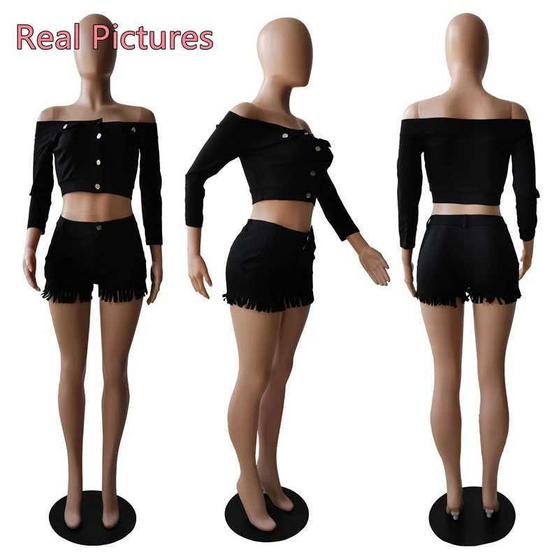 Women's Two Piece Pants Two Piece Set Women Off Shoulder Buttons Crop Top Shorts 2 Piece Set Outfits Tracksuit Plus Size Casual Strtwear S 3XL 4X