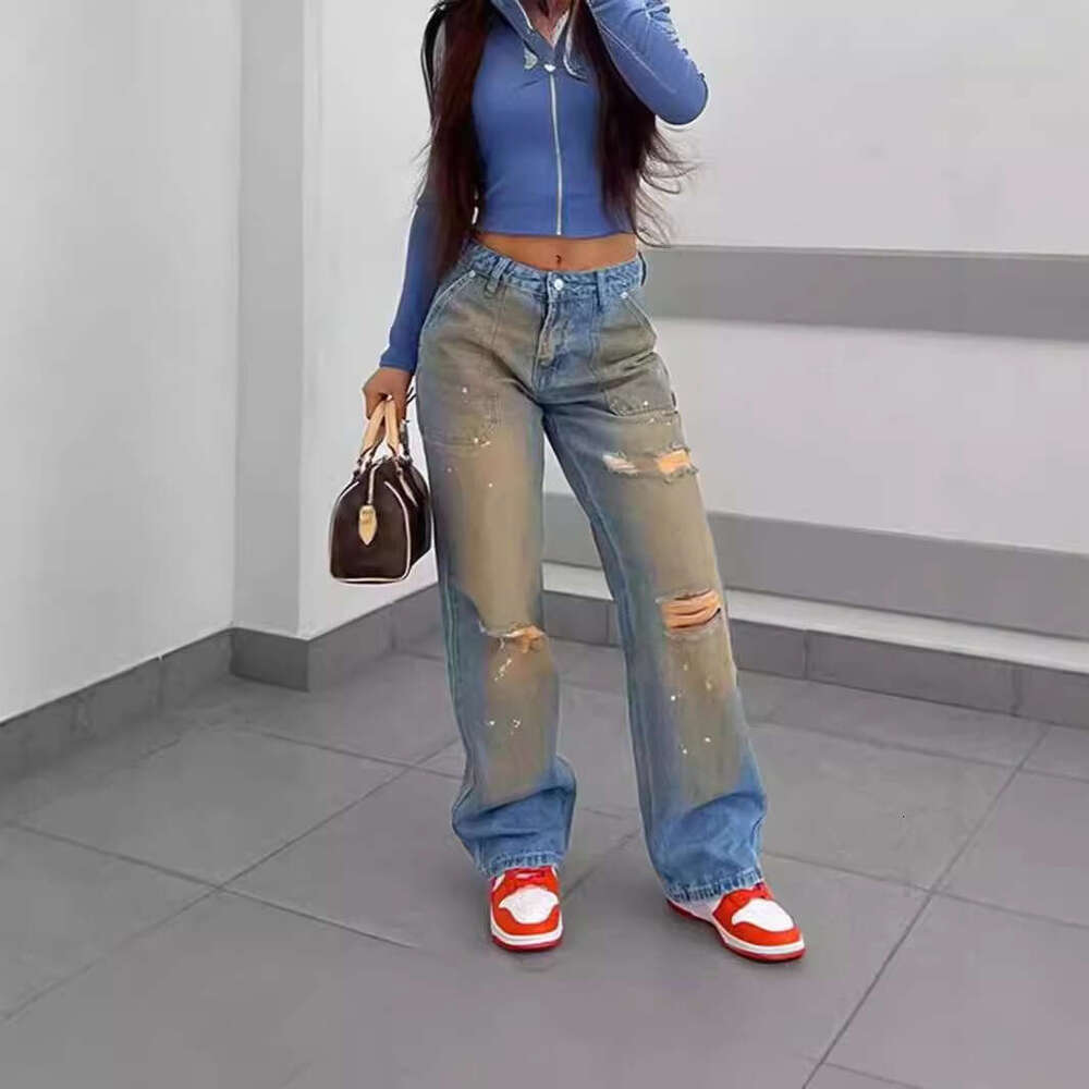 European And American Clothing New Summer Casual Versatile Gradient High Waisted Perforated Denim Straight Leg Pants Women's Fashion Quality Clas