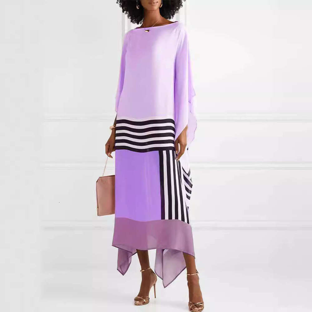 European American New Summer Autumn Women's Comfortable And Fashionable Solid Color Printed Casual Slanted Shoulder Long Dress
