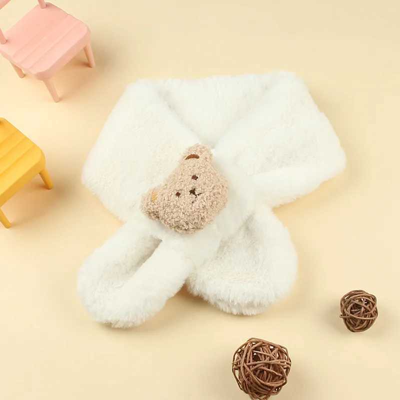 Scarves Wraps Cute Bear Plush Baby Scarf Winter Warm Fluffy Fur Boy Girl Scarves Cartoon Kids Cross Neckerchief Children Shawls H241213