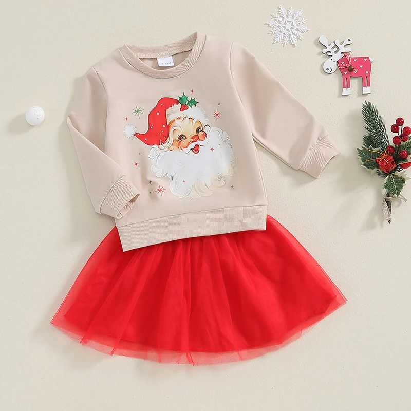 Toddler Girl Christmas Outfit Santa Claus Print Long Sleeve Sweatshirt Elastic Waist Tulle Skirt 2 Piece Set Fall Winter Clothes W241213