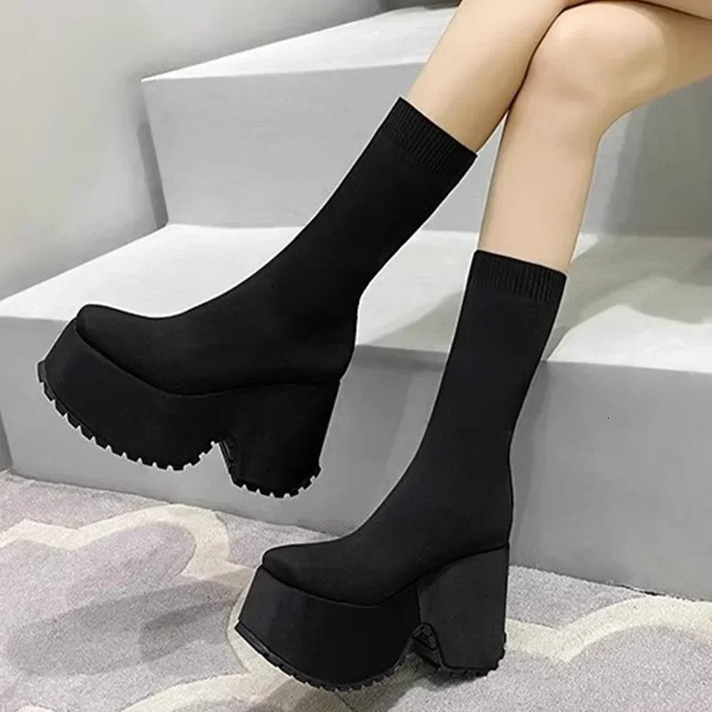 Super High Heels Platform Womens Ankle Boots Fashion Winter Shoes Classic Round Toes Elegant Womens Walking Non slip Botas 241213