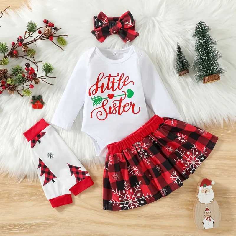 Kids Baby Girls Little Sister Christmas Set Long sleeved jumpsuit+Tutu Skirt+Leg Warmers+Headband Set Christmas party costume set W241213