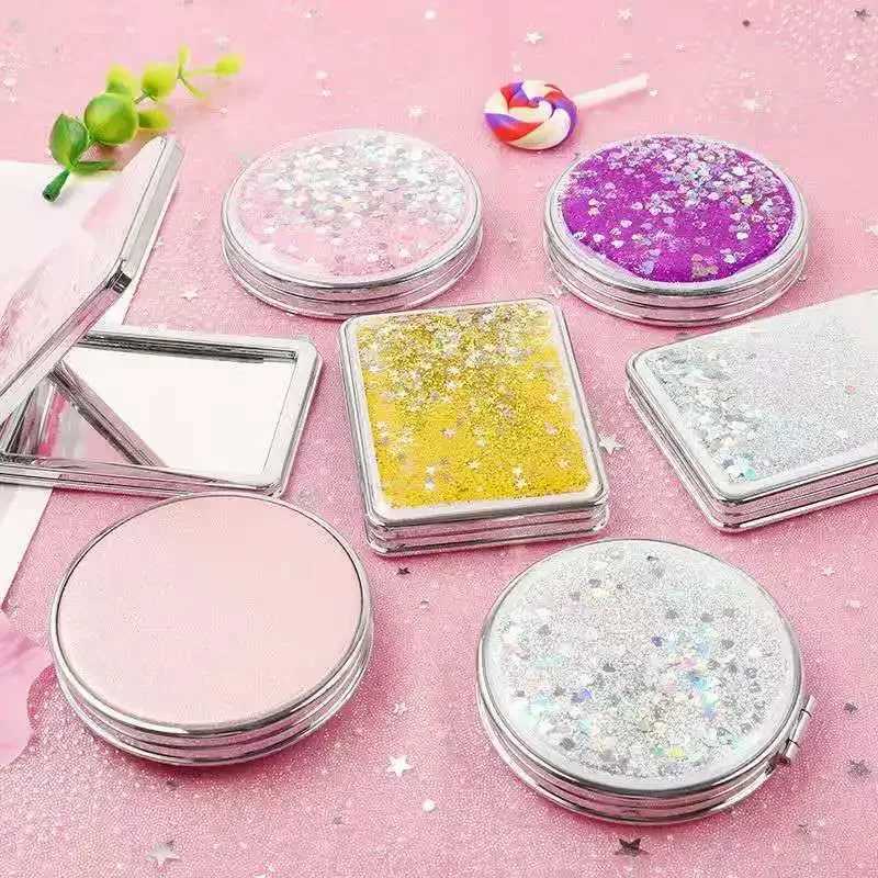 Portable Double-Sided Folding Makeup Mirror Women Gifts with Flowing Sparkling Sand Mini Cosmetic Mirror Compact Pocket MirrorsXJ241213