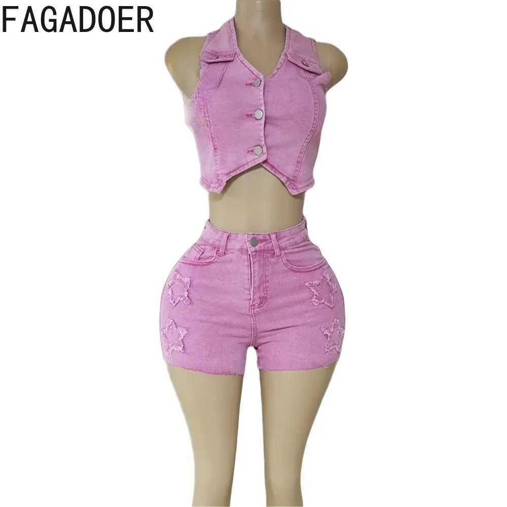 Women's Two Piece Pants FAGADOER Denim Sexy 2 Piece Sets Women Outfit V-Neck Buttons Crop Vest and Embroidered Patchwork Shorts Suit Y2k Strtwear
