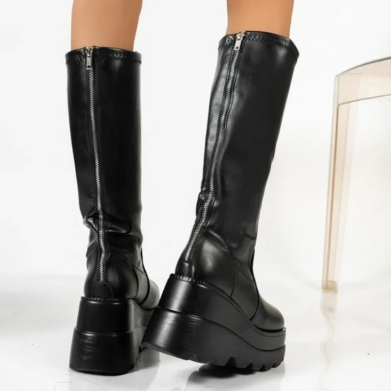 Fashion wedge heel mid tube boots for women Gothic thick soled motorcycle riding boots ultra-thin high platform denim boots 241213