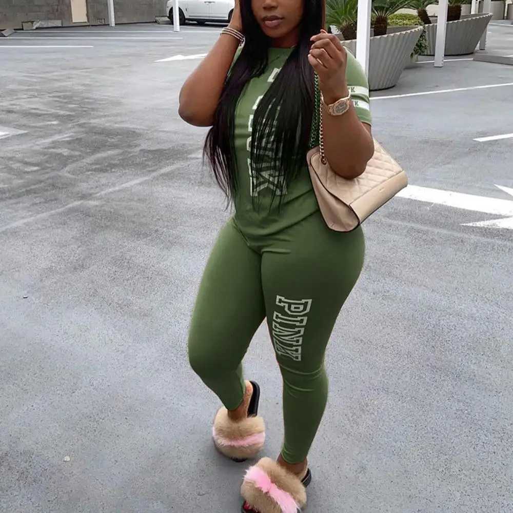 Women's Two Piece Pants Sexy Women Two Set Pcs Letter Print Sweat 2 Piece Set Womens Outfits Fashion Short Slve Tops Pants Set Summer Sportswear 
