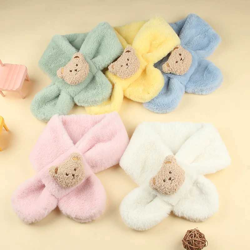 Scarves Wraps Cute Bear Plush Baby Scarf Winter Warm Fluffy Fur Boy Girl Scarves Cartoon Kids Cross Neckerchief Children Shawls H241213
