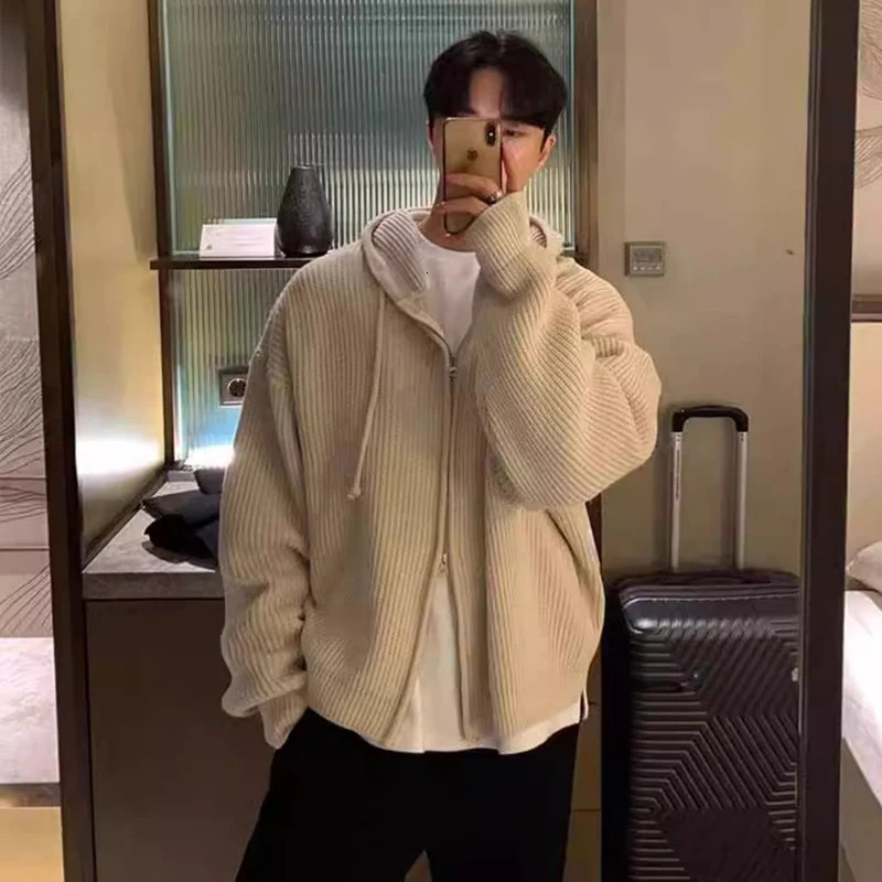 Winter Clothing Mens Light y Knit Hooded Cardigan Sweater Korean Vintage Zipper Long Sleeve Loose Hoodie Knitwear 241213