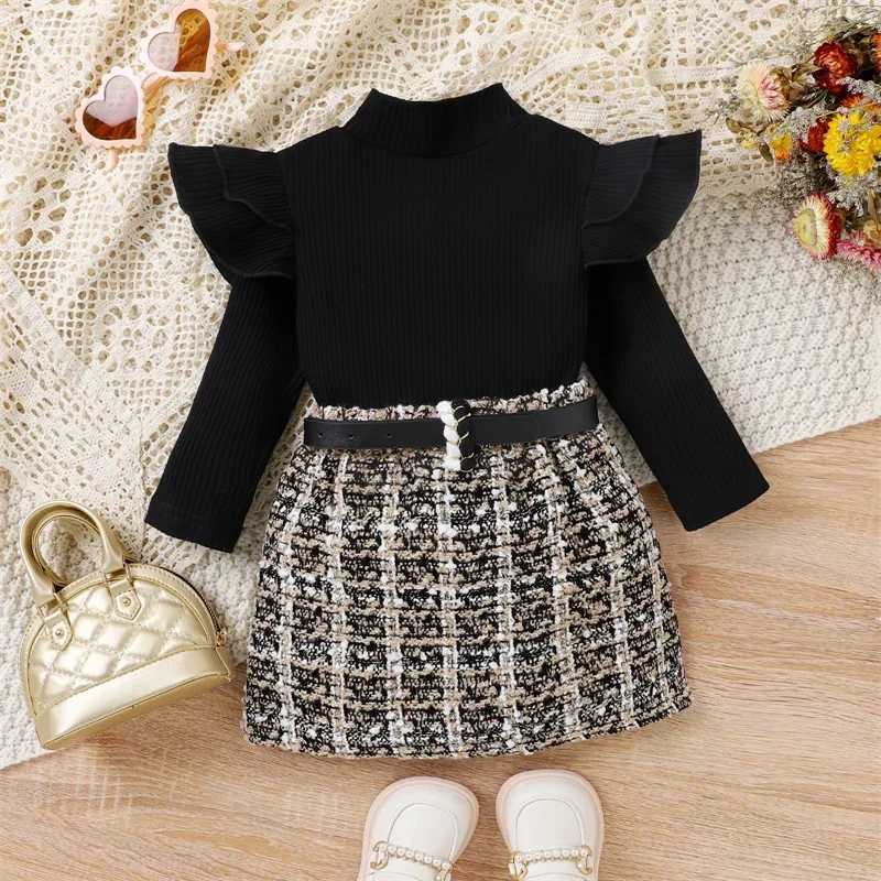 0-5Y Childrens Girls Autumn Skiing Set Baby Ruffle Long Sleeve Plain Neck Knitted Top+Smooth Skiing with Retro Set for Children W241213