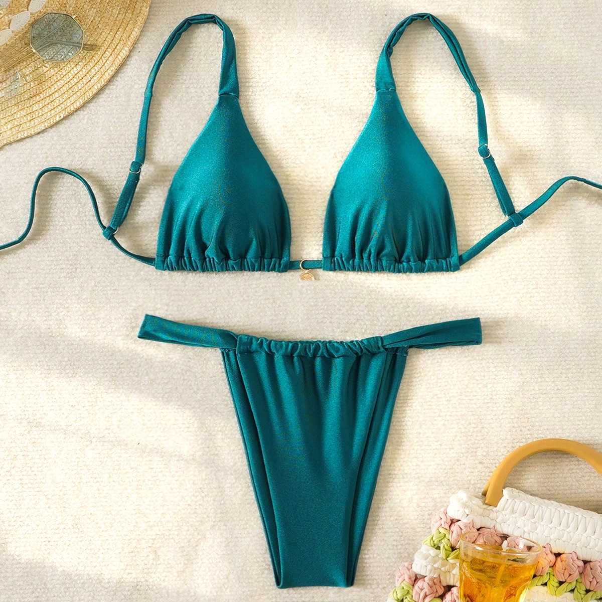 Green Drawstring Bikini Set Tie Straps Tong Triang Pad Bra Sexy Swimming Suit Fa Strip SwimwearXJ241212