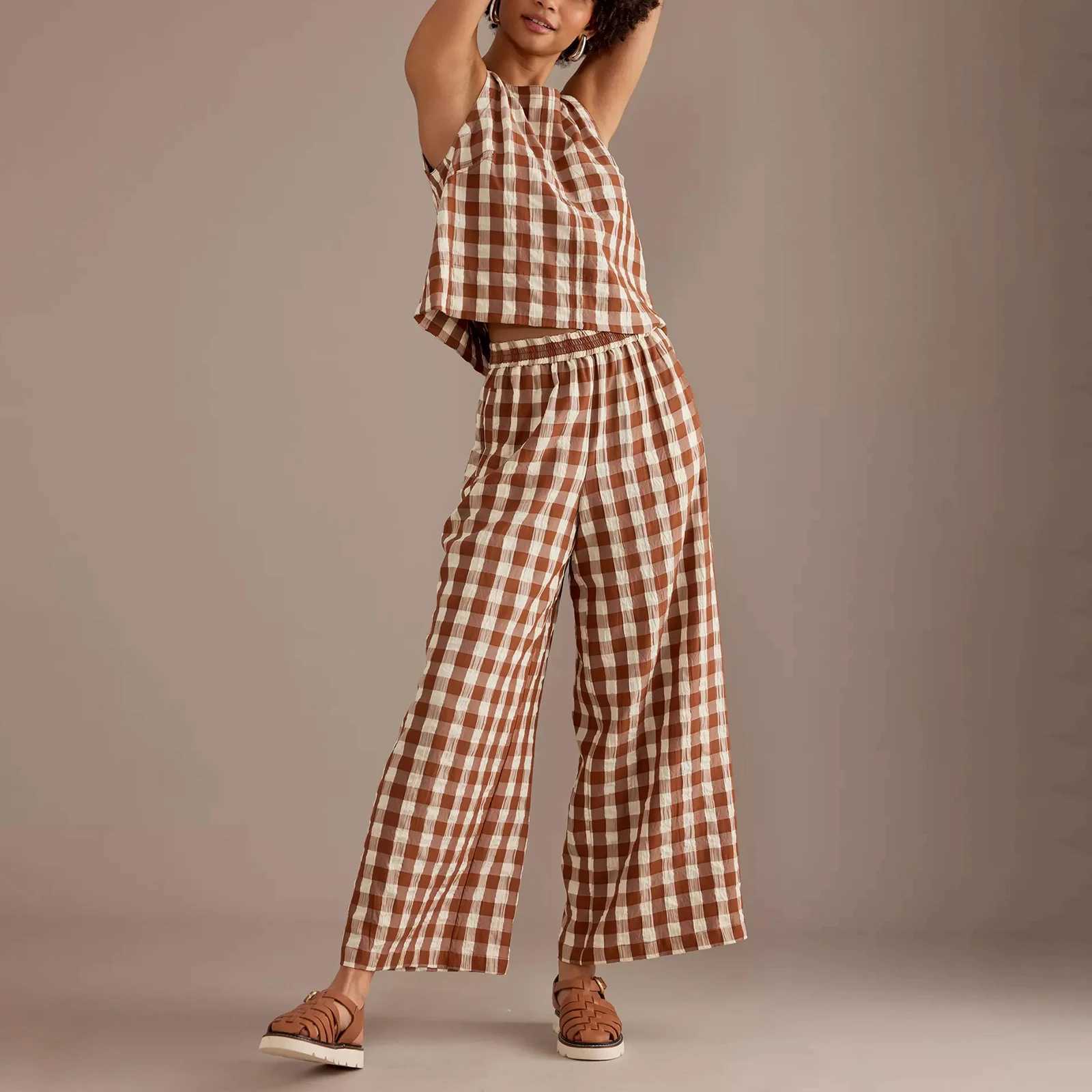 Women's Two Piece Pants Hirigin Gingham 2 Piece Lounge Pants Sets for Women Y2k Plaid Print Outfits Slveless Tank Top Baggy Wide Leg Pants Suits 