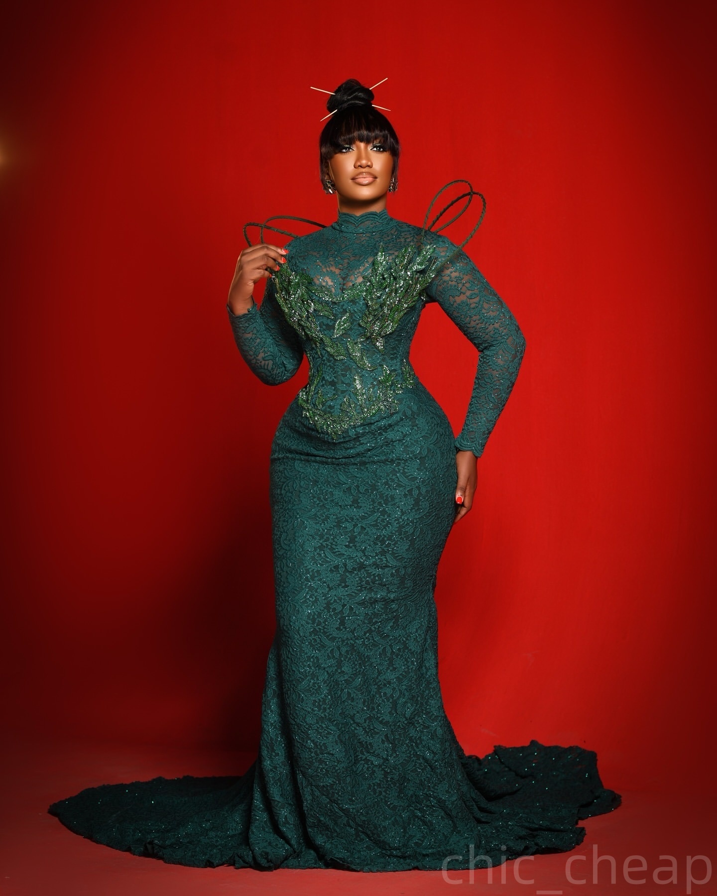 Dark Green Mermaid Prom Dresses 2025 Lace Beaded Floral Full Sleeves Evening Formal Party Second Birthday Engagement Gowns Plus Size Dress For Special